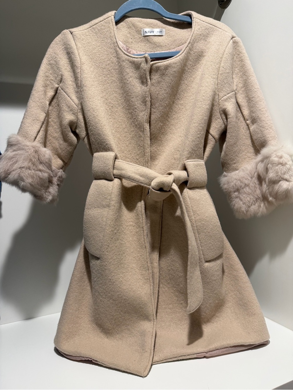 NAVY Beige Belted Coat with Genuine Rabbit Fur Cuffs